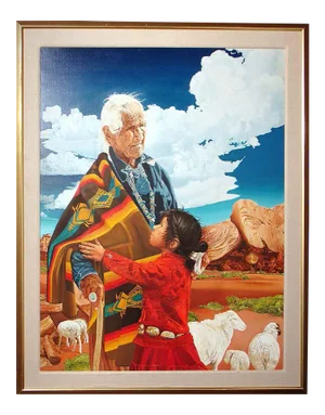 1980s "Care of the Elders" Portrait Oil Painting of a Native American Man and Child by David Peter Ramos, Framed