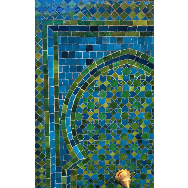 Large 2 Color Tamegroute Green and Petrol Blue Moroccan Mosaic Tile Fountain For Sale - Image 4 of 9