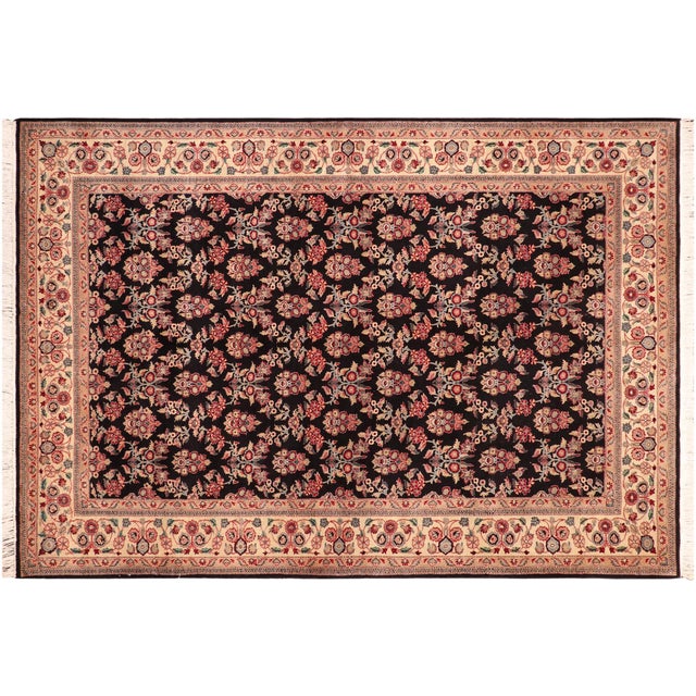 Floral 1990's Pak-Persian Black/Ivory Wool Rug - 6'0'' X 8'11'' For Sale - Image 9 of 9