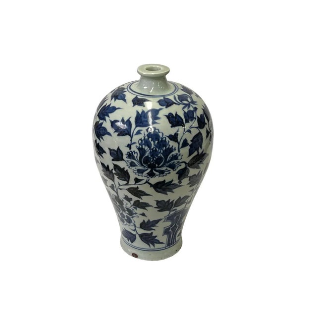 Chinese Blue White Porcelain Flower Graphic Fat Round Shape Vase For Sale - Image 4 of 6