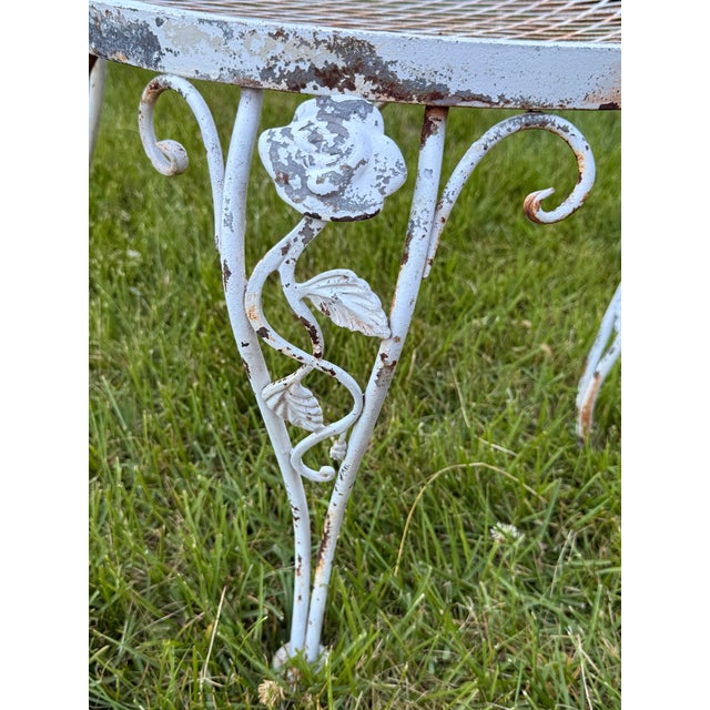 White Vintage Woodard Chantilly Rose Wrought Iron Dining Set — Table & Six Chairs For Sale - Image 8 of 11