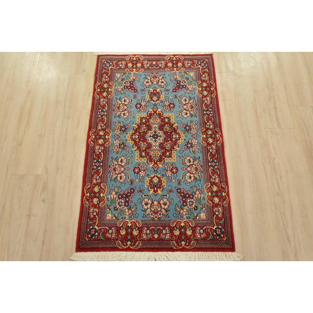 Farmhouse Qom Rug 2’7” X 4’2” Blue Wool Vintage Traditional Hand-Knotted Carpet For Sale - Image 3 of 10