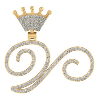 10K Yellow Gold Round Diamond Crown V Letter Initial Pendant 1/4 Cttw For Sale