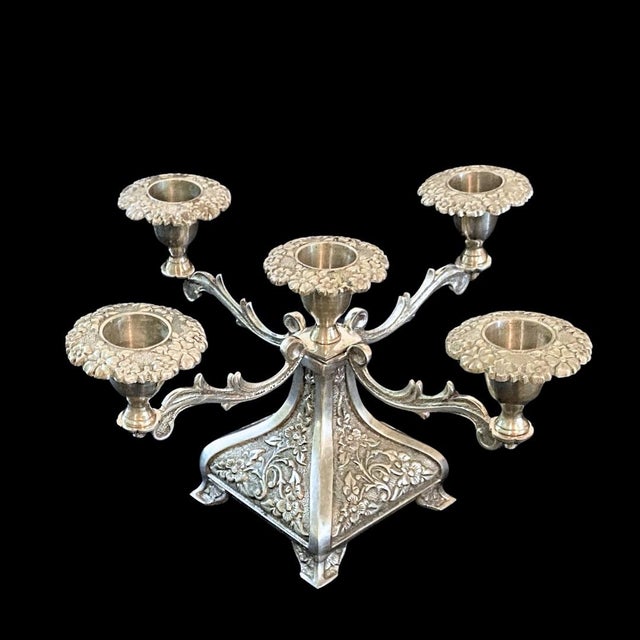 Set of Two Vintage Candelabras five arm and three arm. Silver tone. Wedding, event, dining room, styling, party, mantle....