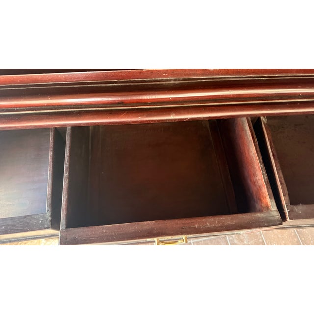 Late 20th Century Georgian Style Mahogany Linen Press Armoire With Pierced Fretwork & Cabriole Legs (Two-Piece) For Sale - Image 10 of 13