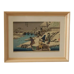 Utagawa Hiroshige Japanese Woodblock Print, 'Snow Viewing at the Uekiya Restaurant at Mokubo Temple'