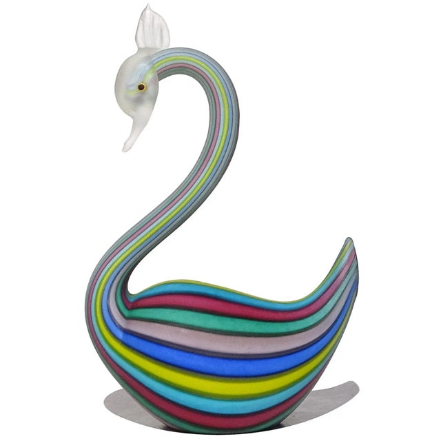 Beautiful vintage Murano hand blown rainbow Filigrana ribbons with satin surface Italian art glass swan bird figurine. The...