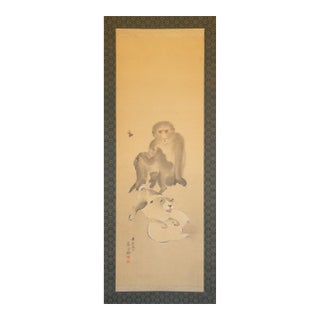 1861 "Monkeys and Puppies" by Nakajima Kayo, Japanese Silk Scroll Painting For Sale