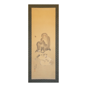 1861 "Monkeys and Puppies" by Nakajima Kayo, Japanese Silk Scroll Painting