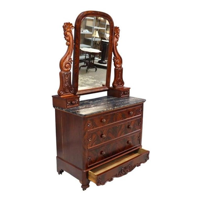 First Empire Classical Flame Mahogany 3-Drawer Black Marble Top Dresser C1840 For Sale - Image 10 of 16