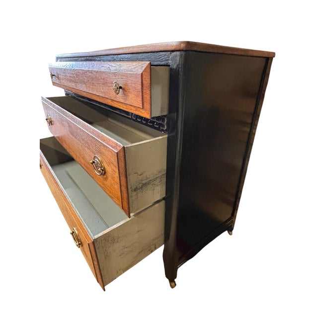 Mid 20th Century Vintage Black & Oak Carved Three-Drawer Chests For Sale - Image 5 of 7