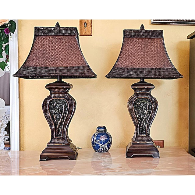 Pair of French Verdi Table Lamps With Rectangular Woven Rattan Shades For Sale - Image 15 of 18