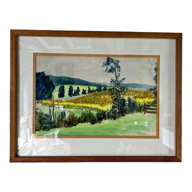 70's Vintage Wieden Landscape - Farm Land Watercolor Painting, Framed For Sale
