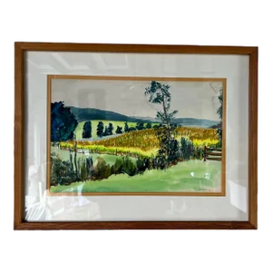70's Vintage Wieden Landscape - Farm Land Watercolor Painting, Framed