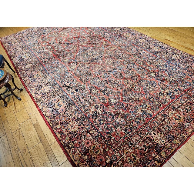 Red Antique Oversized Persian Sarouk Area Rug, Hand-Knotted Wool, Allover Floral Pattern, 10x17, Red & Navy For Sale - Image 8 of 18