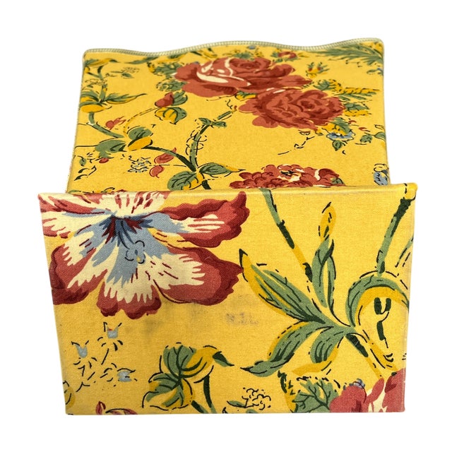 Handmade Fabric Wrapped Wastebasket Yellow and Red Cabbage Roses, Scalloped Rim For Sale - Image 9 of 9