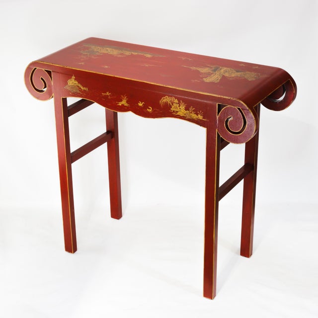 Vintage Chinese Red Lacquer Console Table With Gilt Landscape Scenery and Scroll Ends For Sale - Image 12 of 18