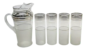 Vintage Frosted & Silver Rim Barware Cocktail Pitcher & Glasses - Set of 5