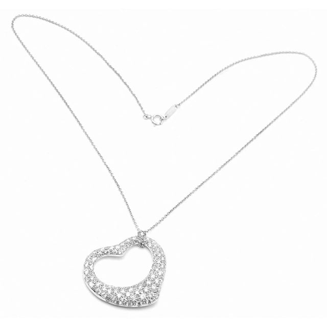 Contemporary Tiffany & Co. Peretti Platinum Diamond Large Open Heart Necklace $26000 For Sale - Image 3 of 10