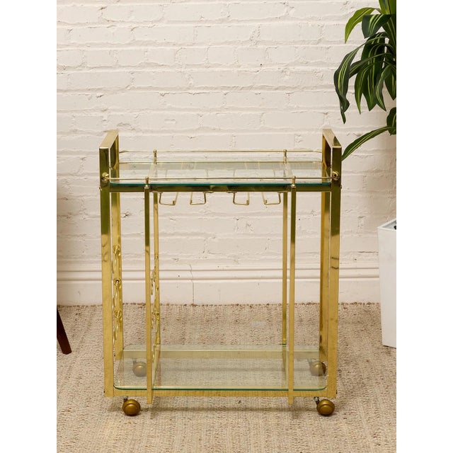 Mid-Century Modern Vintage Hollywood Regency Brass Bar Cart With Glass Shelves For Sale - Image 3 of 11