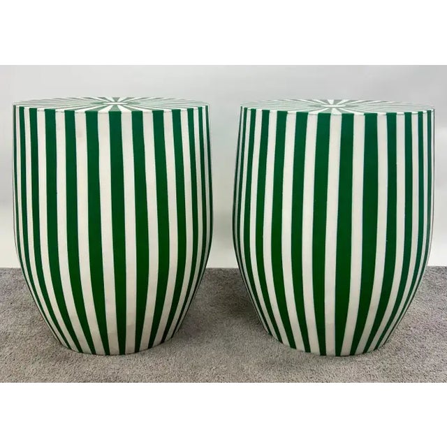 Art Deco Style Green & White Cylindrical Resin Side, End Table or Stool, a Pair For Sale - Image 4 of 11