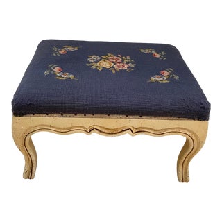 Antique French Style Needlepoint Blue Floral Footstool For Sale