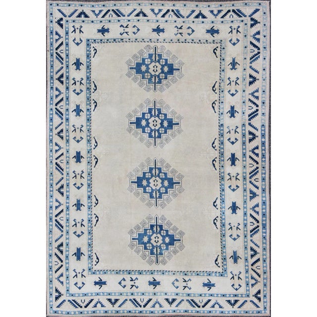 Cream and Blue Geometric Medallion Design Vintage Turkish Oushak Rug For Sale - Image 10 of 10