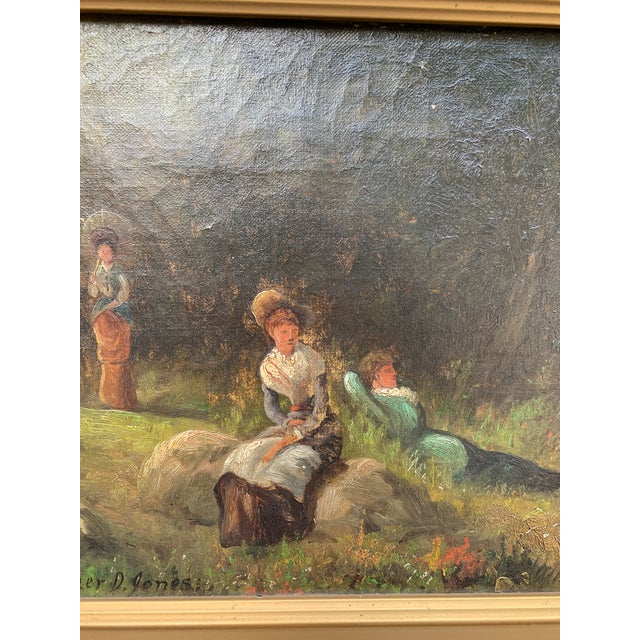 Antique Hand Painted Framed Oil on Canvas Ladies in a Landscape Painting For Sale - Image 10 of 16
