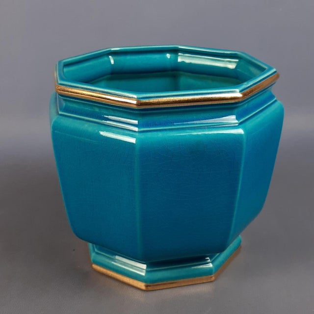 Splendid vintage octagonal majolica vase, turquoise crackle effect color with golden edge, excellent Italian...