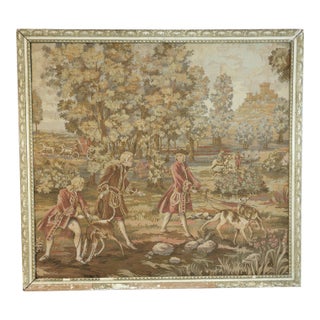 Large Vintage Framed French Hunting Scene Tapestry – Aubusson-Style Verdure Jacquard For Sale