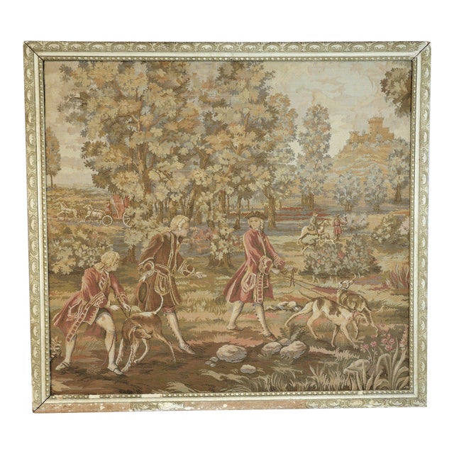 Vintage Framed French Aubusson-Style Jacquard Hunting Scene Tapestry For Sale