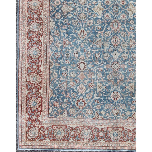 Tribal Antique Persian Malayer Rug With Floral Lattice Design in Sky Blue and Soft Red For Sale - Image 3 of 9