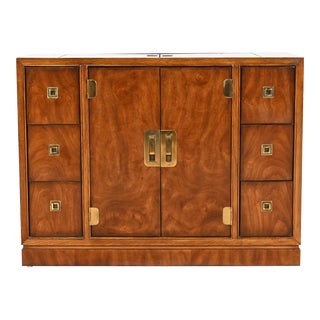 Drexel Heritage Hollywood Regency Campaign Burled Mahogany Rolling Flip Top Bar Cart Server For Sale