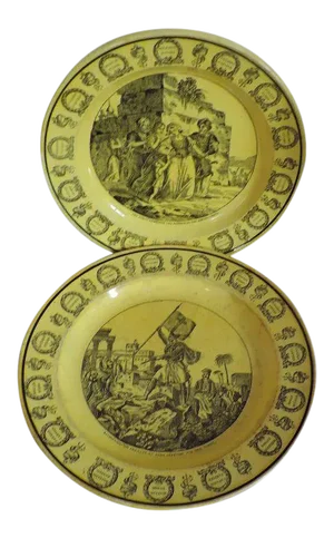 1825 French Empire Creil Creamware Canary Yellow with Turkish & Greek Scenes Plates - A Pair