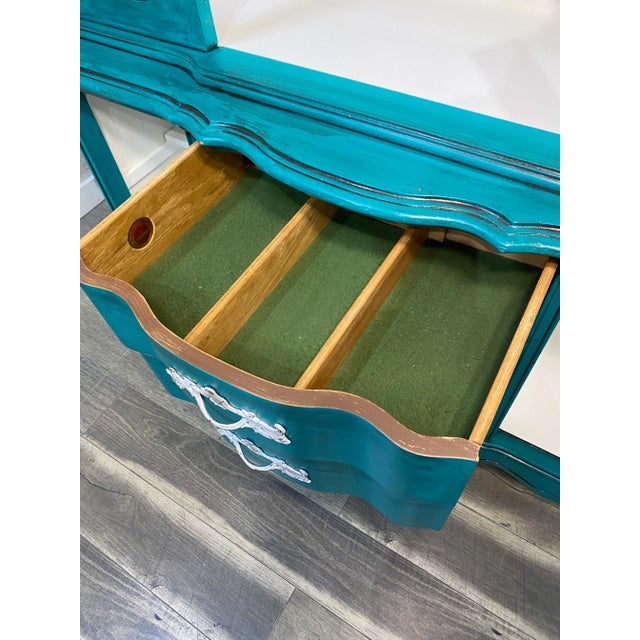 1970s Turquoise French Provincial Bassett Hutch With Open Display For Sale - Image 11 of 11