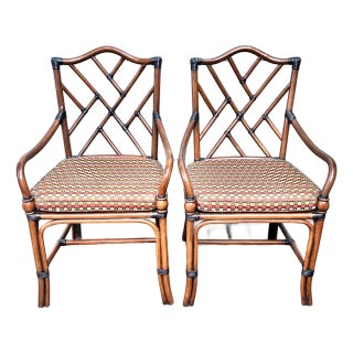 1980s Chinese Chippendale Bamboo Armchairs, Caned Seat, Loose Seat Cushion - A Pair For Sale