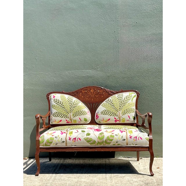 Victorian Vintage Carved Wood Settee With Embroidered Botanical Upholstery For Sale - Image 3 of 12