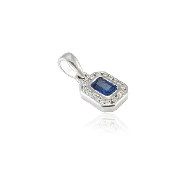 Octagon Deep Blue Sapphire Diamond Halo Pendant in 14k White Gold For Sale - Image 4 of 10