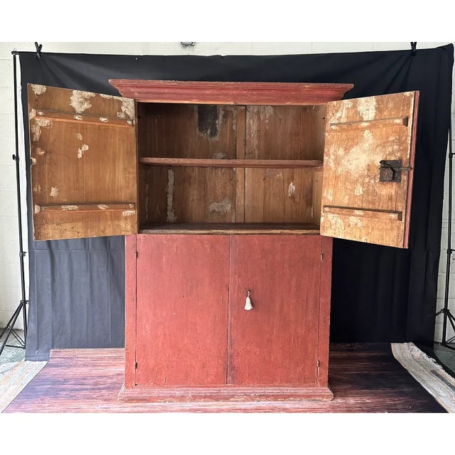 Very simple, 18th Century Oak and Poplar Painted 4 Door Cupboard, original paint in typical Sange De Boeuf color. Original...