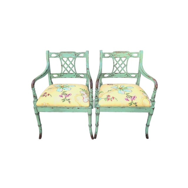 Traditional Vintage Distressed Green Brown Fretwork Upholstered Brunschwig Fils Yellow Floral Side Chairs- A Pair For Sale - Image 3 of 15