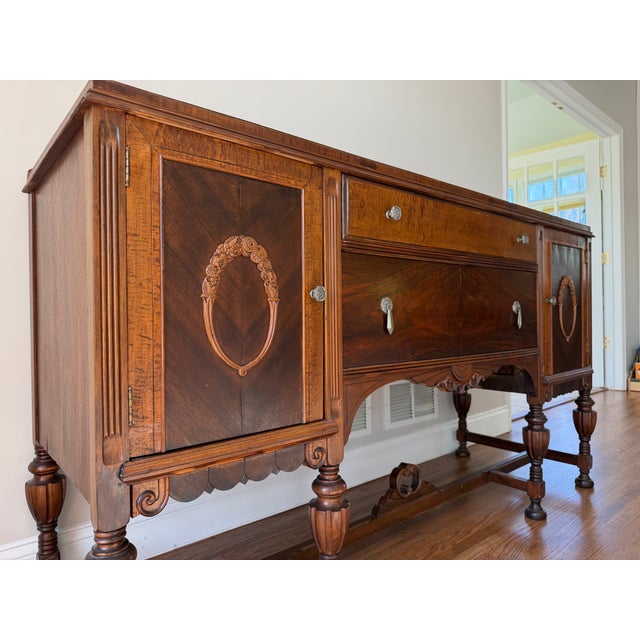 Wood Vintage Hepplewhite-Style Sideboard / Buffet --Elegant Floral Carvings For Sale - Image 7 of 8