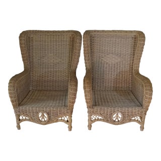 Pristine 1980's Phillippine Ratan & Wicker Wingback Chairs & Ottoman - 3 Piece Set For Sale