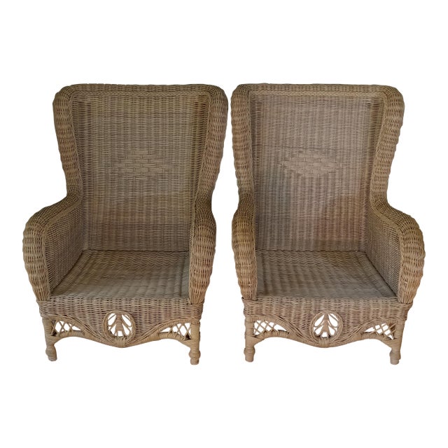 Pristine 1980's Phillippine Ratan & Wicker Wingback Chairs & Ottoman - 3 Piece Set For Sale