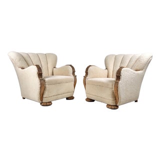 Art Deco Danish Scallop Back Oak and Sherpa Wool Armchairs, 1930s, Set of 2 For Sale
