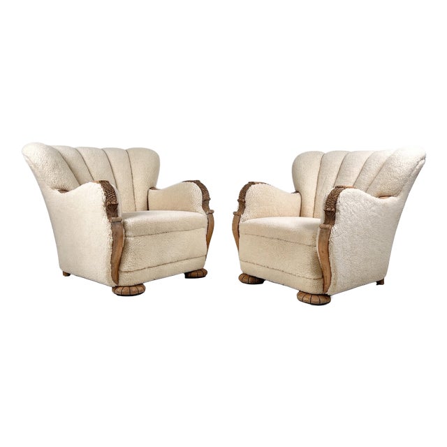 Art Deco Danish Scallop Back Oak and Sherpa Wool Armchairs, 1930s, Set of 2 For Sale