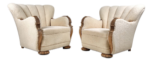 Art Deco Danish Scallop Back Oak and Sherpa Wool Armchairs, 1930s, Set of 2