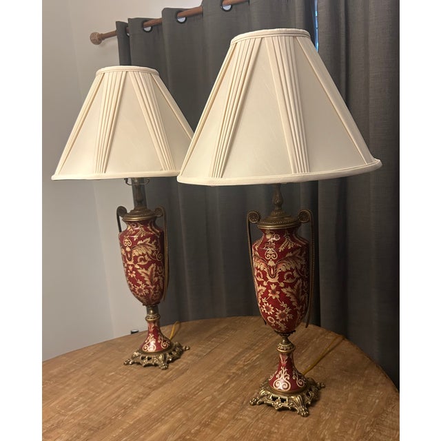 Pristine Mid 20th Century Japanese Moriage Porcelain & Brass Tall Lamps For Sale - Image 11 of 13