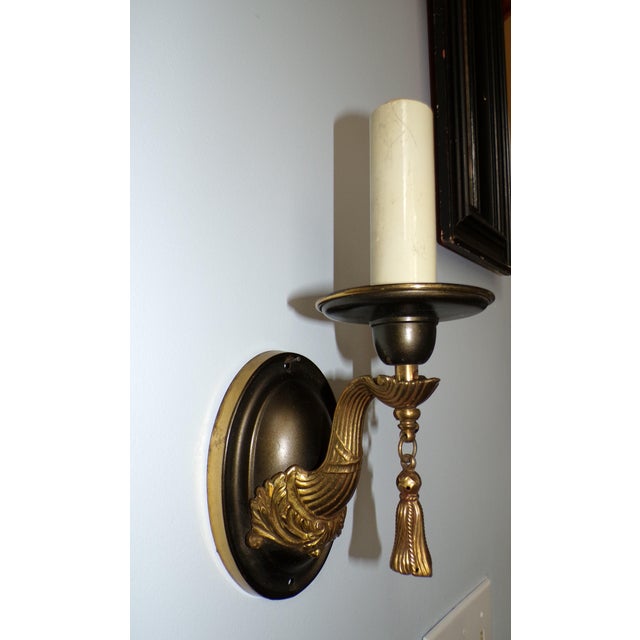 Vintage Pair Art Nouveau Gilt Brass Sconces Wall Lamp Fixtures With Tassels For Sale In Boston - Image 6 of 13