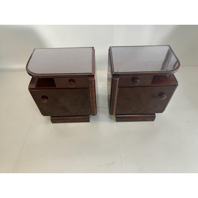Art Deco Bedside Tables with Burl Walnut Veneer and Glass Tops, Europe, 1950s, Set of 2 For Sale - Image 13 of 13