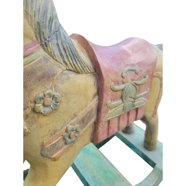 Traditional Vintage Solid Wood Carved Pastel Colored Decorative Rocking Horse Decor Statue For Sale - Image 3 of 8